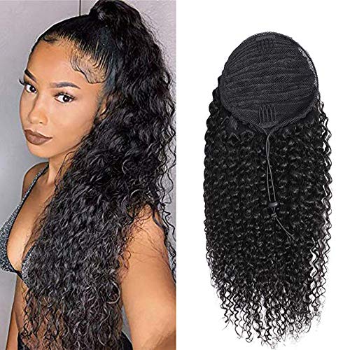 Kbeth Human Hair Ponytail Extensions Yaki Afro Kinky Straight Curly Ponytail Wrap Drawstring Human Hair Natural Black Color Hairpiece with Clip in Binding Pony Tail (22 Inch, Kinky Curly)